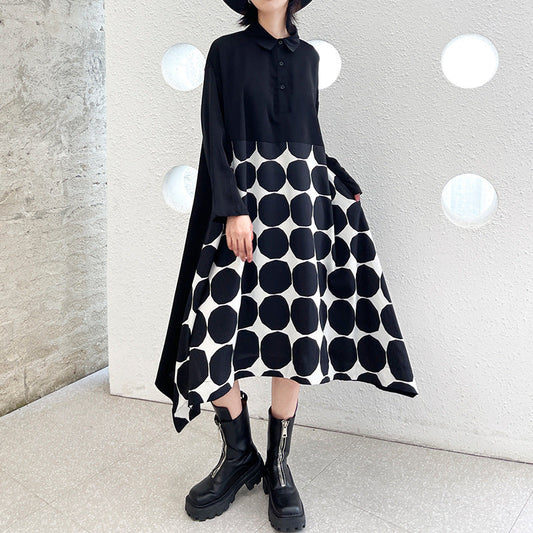 Vintage Dot Print Black Long Sleeves A Line Shirts Dresses-Dresses-Black-One Size-Free Shipping Leatheretro