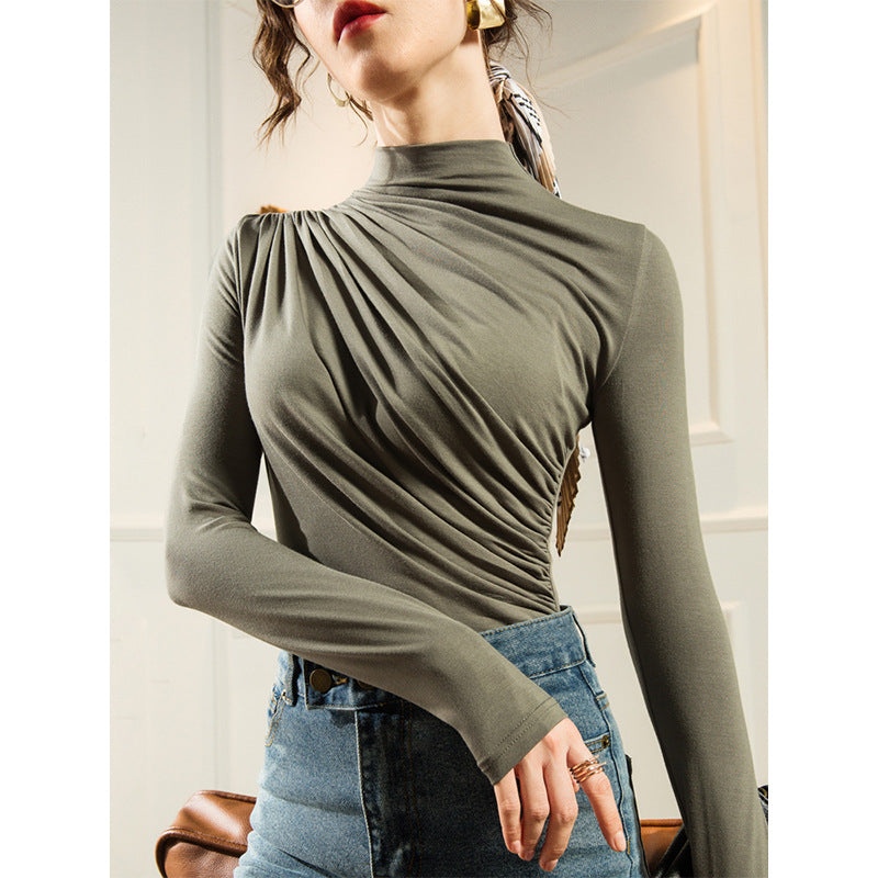 Elegant Designed High Neck Women Long Sleeves Shirts-Shirts & Tops-Black-S-Free Shipping Leatheretro