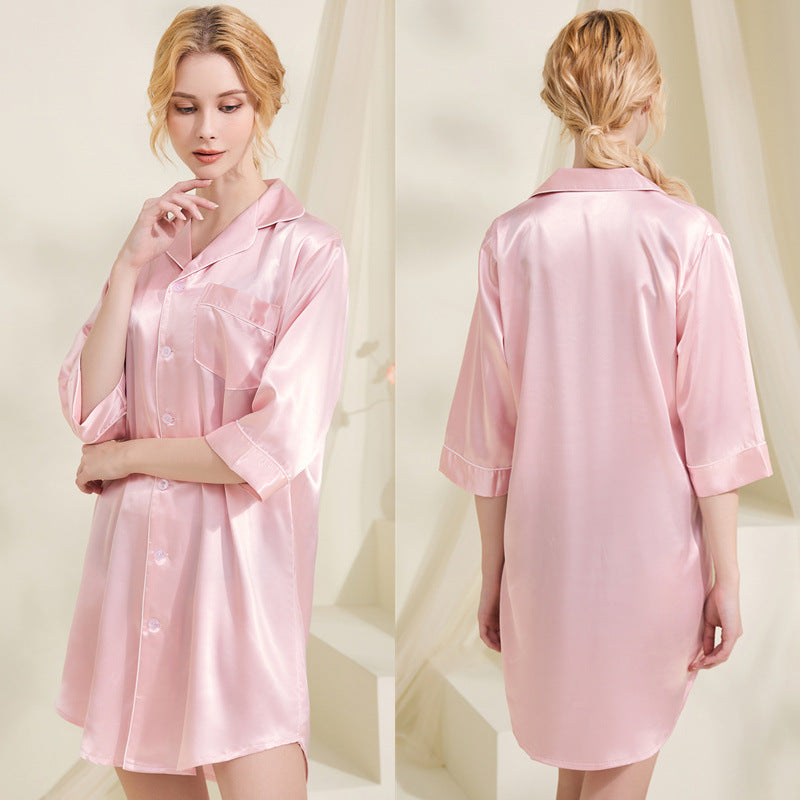 Summer Silk 3/4 Length Sleeves Shirts Night Dresses-Sleepwear & Loungewear-Pink-S-Free Shipping Leatheretro
