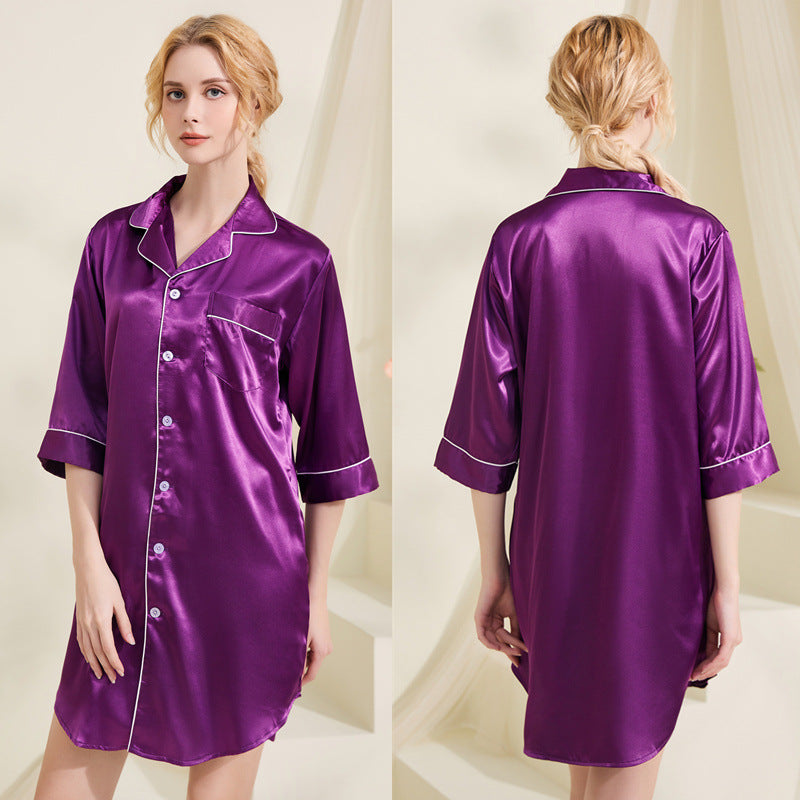 Summer Silk 3/4 Length Sleeves Shirts Night Dresses-Sleepwear & Loungewear-Purple-S-Free Shipping Leatheretro