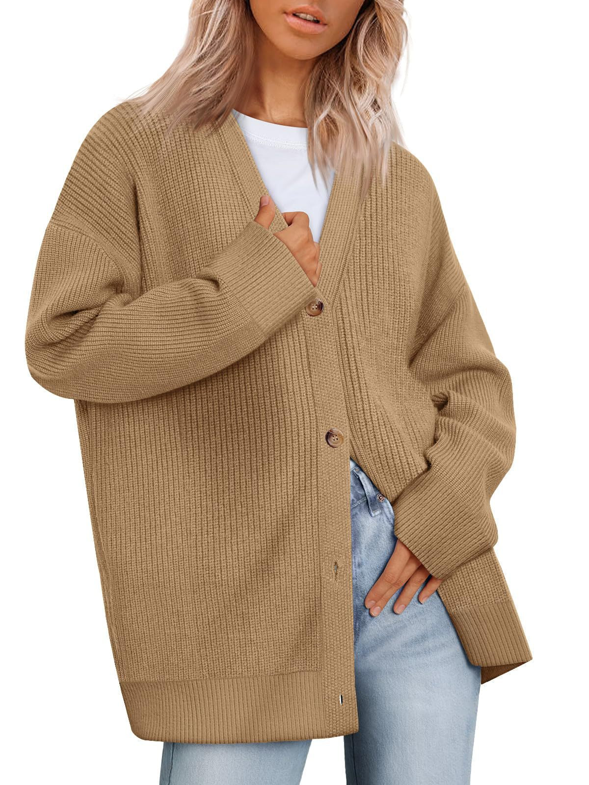 Casual Women Knitted Cardigan Sweaters-Outerwear-Khaki-S-Free Shipping Leatheretro