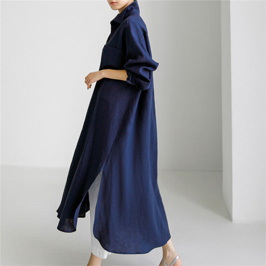 Casual Cotton Plus Sizes Long Sleeves Shirts Dresses-Dresses-Navy Blue-S-Free Shipping Leatheretro