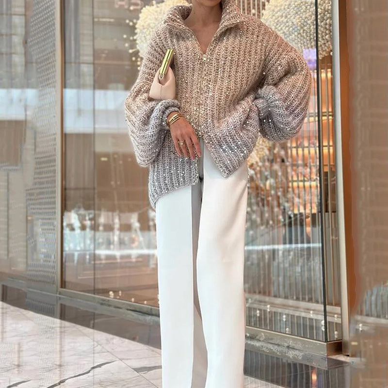 Fashion Sequined V Neck Sweaters for Women-Shirts & Tops-Khaki-XS-Free Shipping Leatheretro