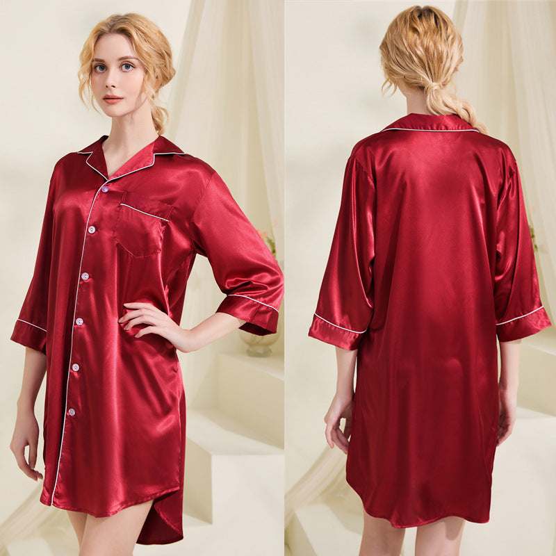 Summer Silk 3/4 Length Sleeves Shirts Night Dresses-Sleepwear & Loungewear-Red-S-Free Shipping Leatheretro