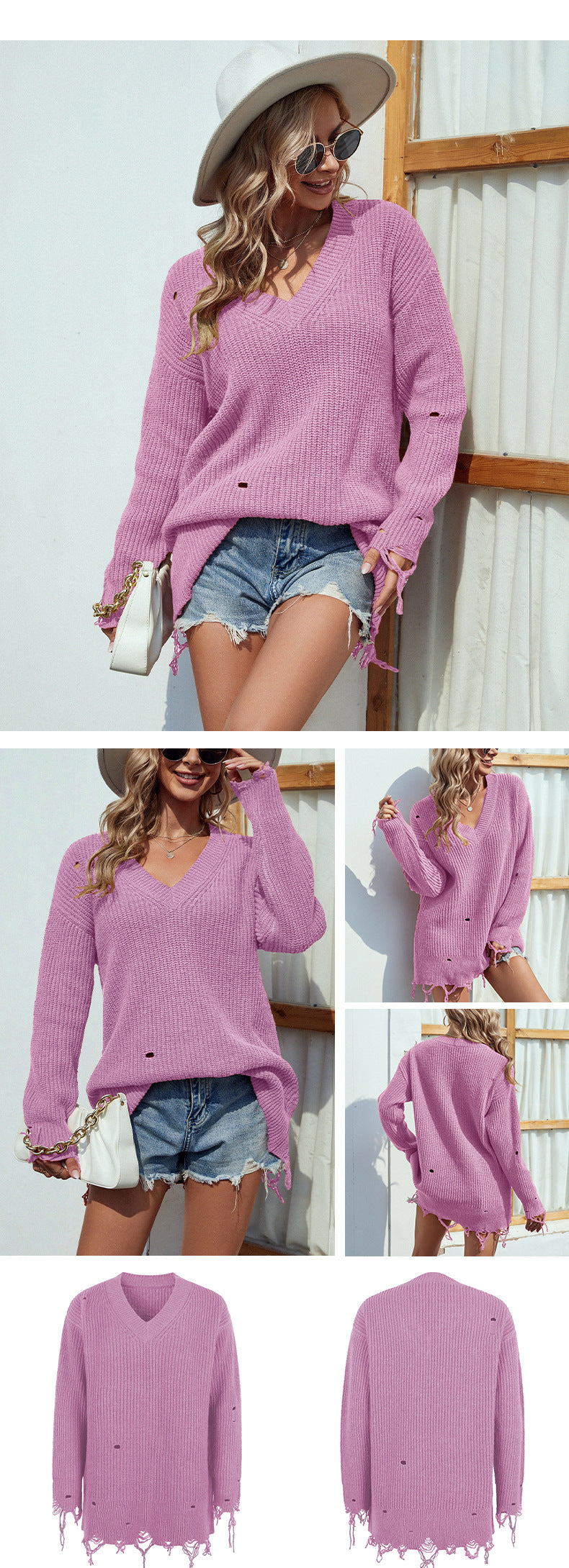 Casual V Neck Long Sleeves Knitted Fall Sweaters-Shirts & Tops-Rose Red-S-Free Shipping Leatheretro