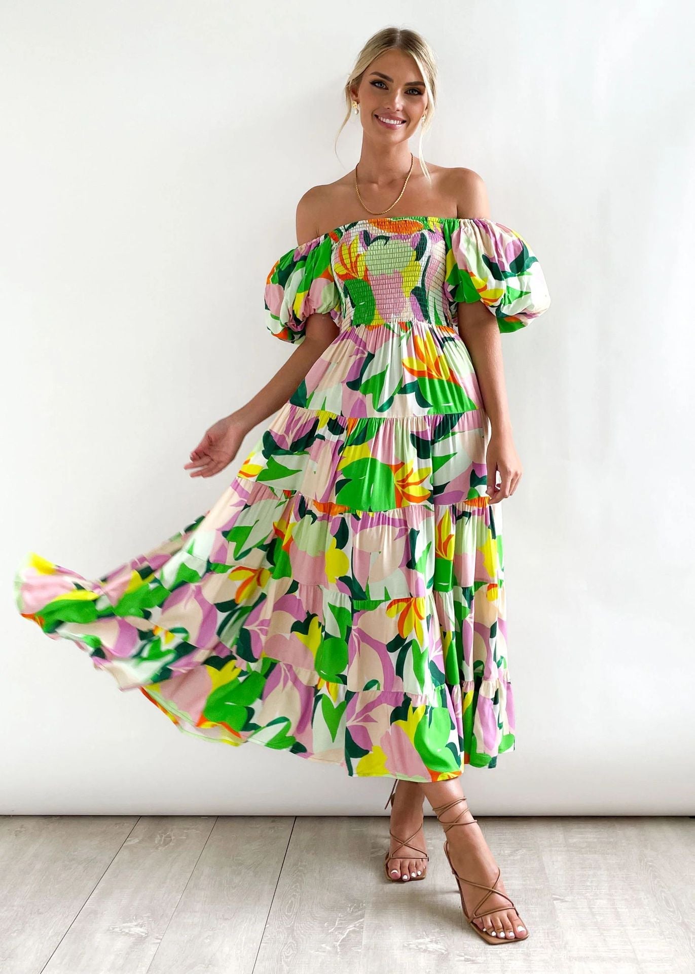 Casual Off The Shoulder Floral Print Long Dresses-Dresses-8-S-Free Shipping Leatheretro