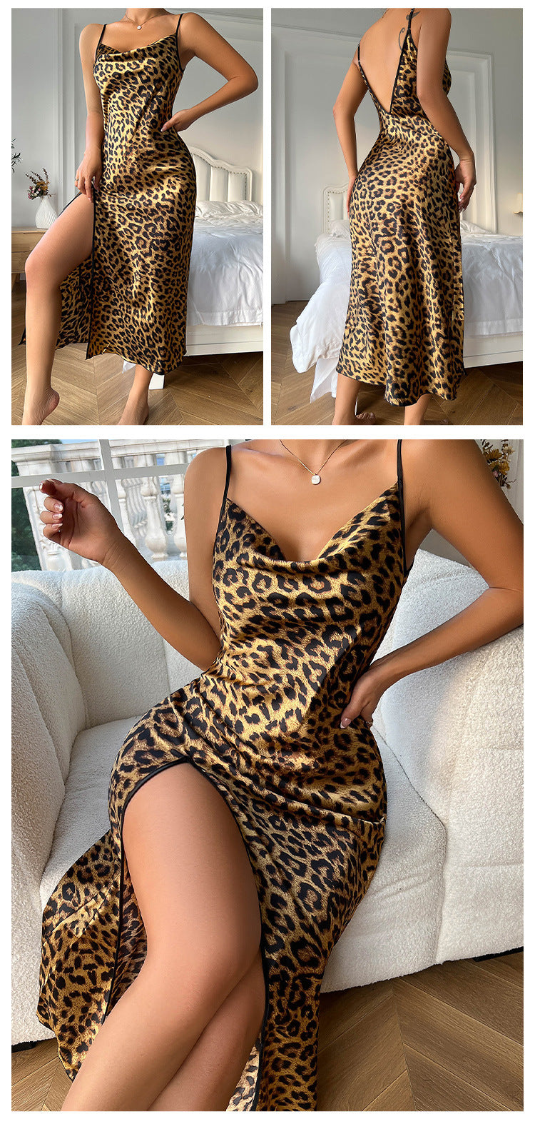 Sexy Silk Like Backless Sleep Dress-Sleepwear & Loungewear-Leopard-S-Free Shipping Leatheretro