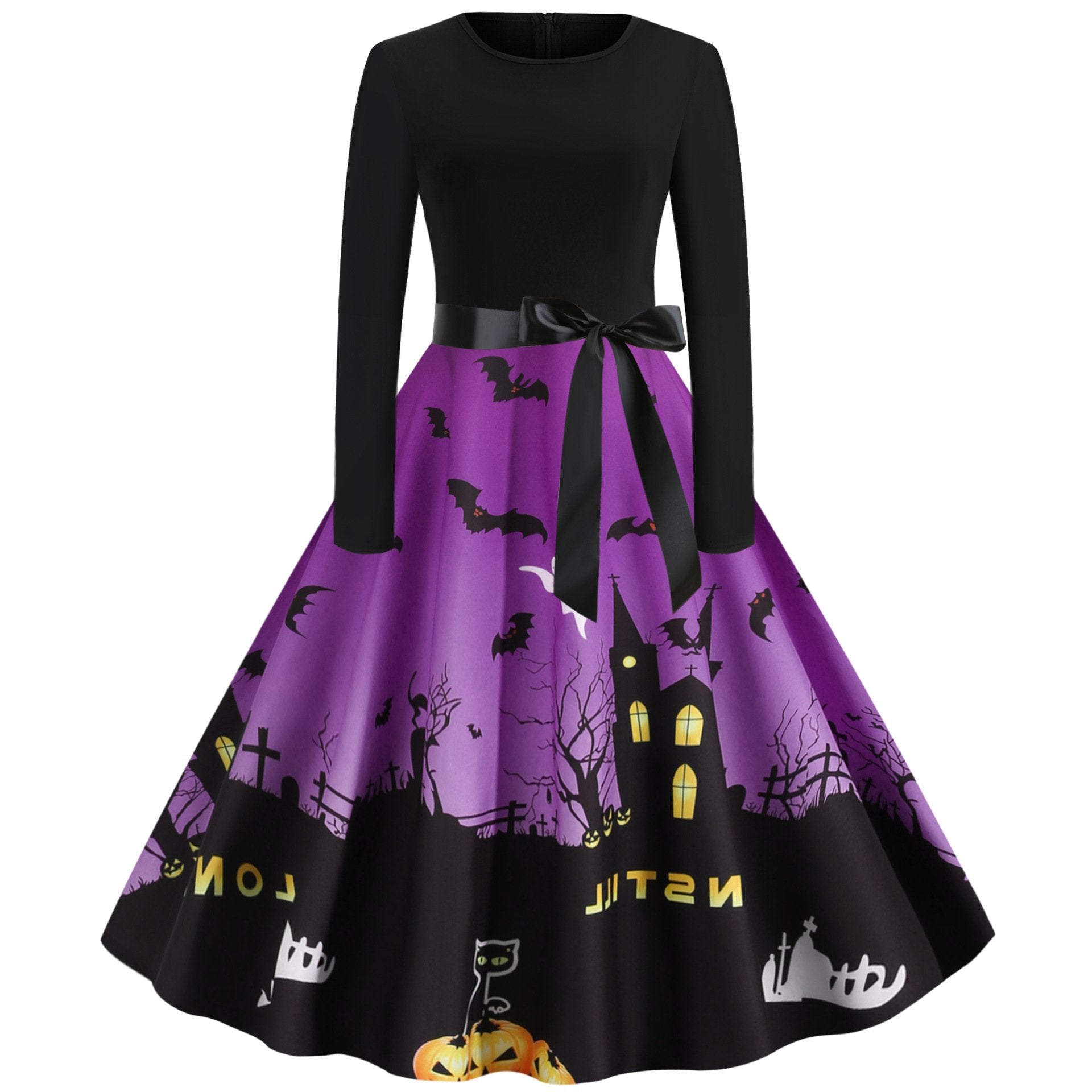 Halloween Vintage Women Long Sleeves Winter Dresses-Vintage Dresses-Purple-S-Free Shipping Leatheretro