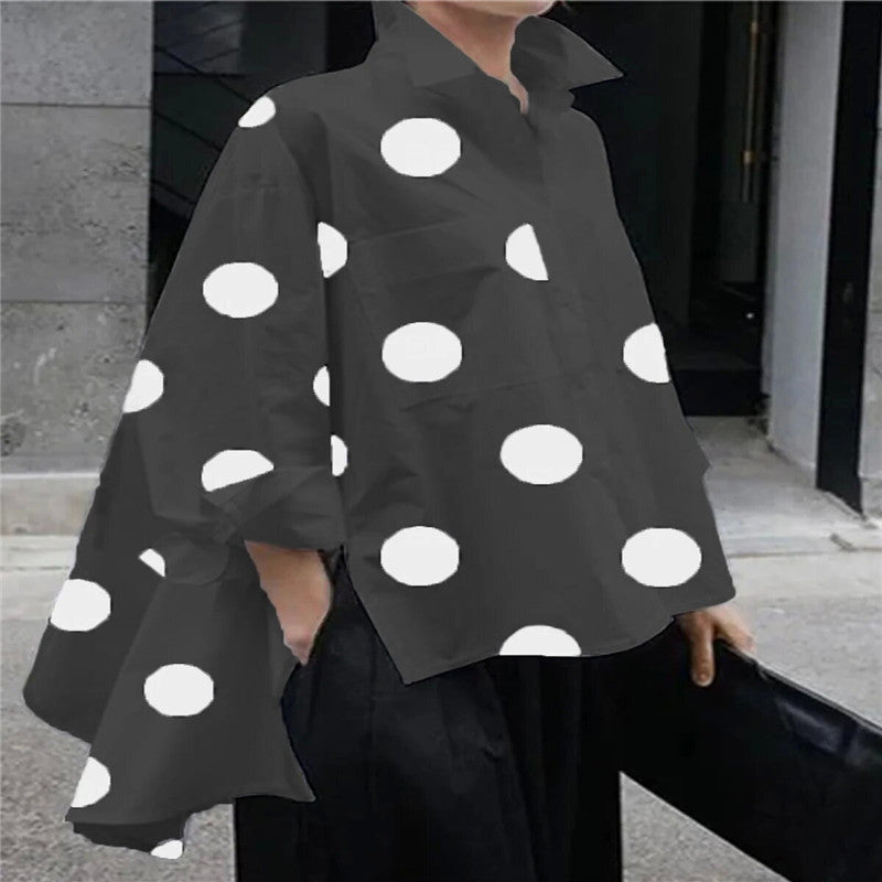 Casual Dot Print Cotton Loose Shirts for Women-Shirts & Tops-Black-S-Free Shipping Leatheretro
