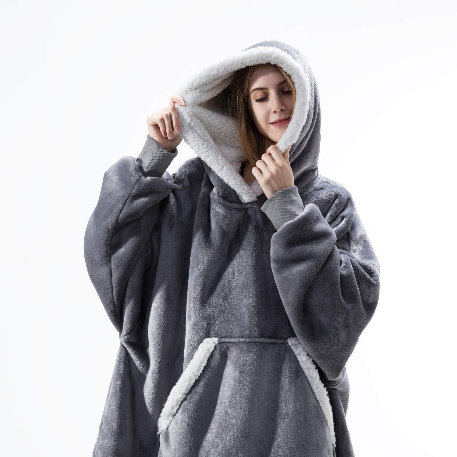 Wearable Fleece Hoodies Sleepwear for Watching TV-Blankets-Gray-One Size-Free Shipping Leatheretro