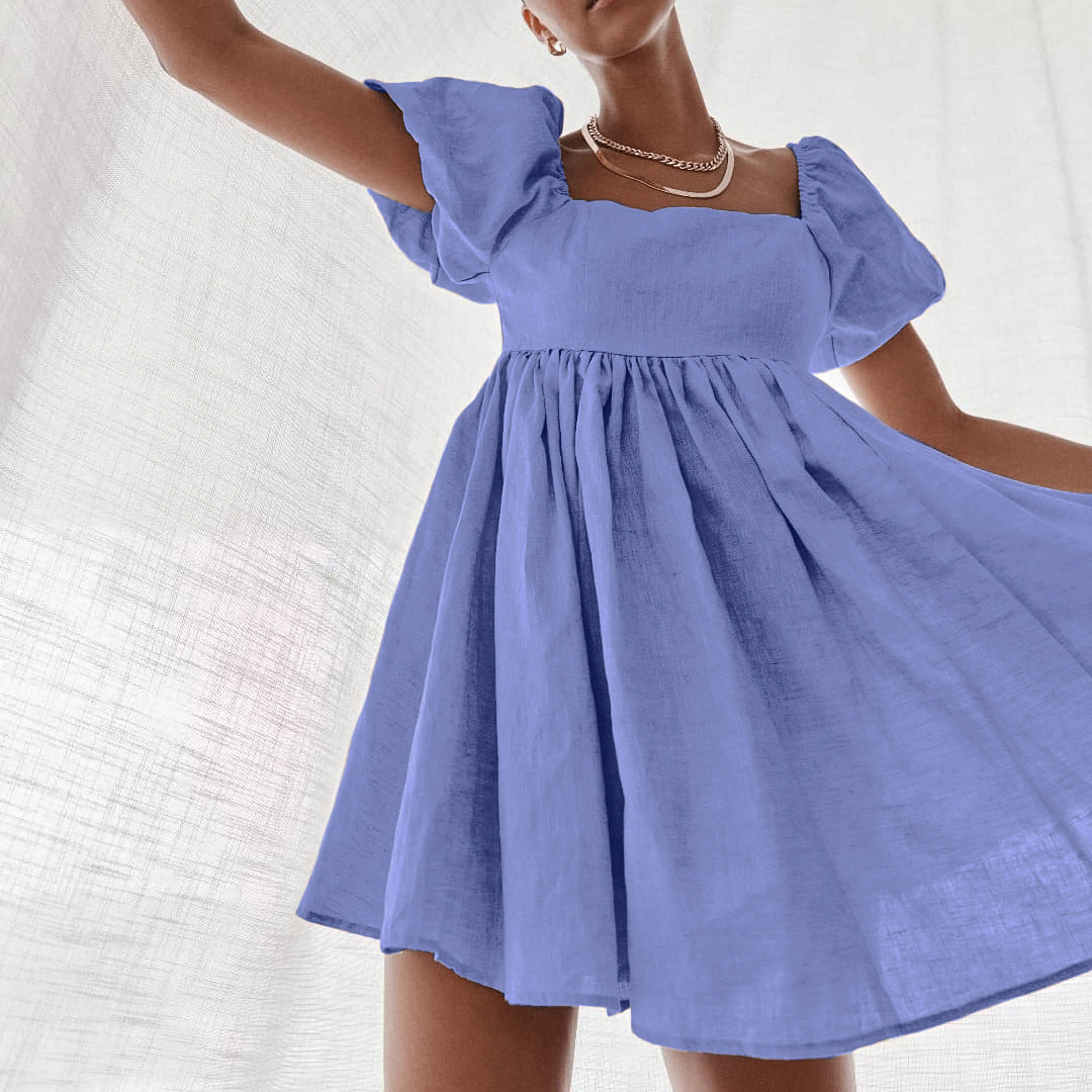 Lovely Linen Square Neckline Mini Dresses-Dresses-Blue-S-Free Shipping Leatheretro