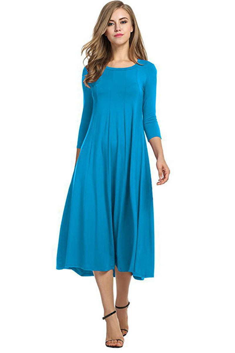 Casual Simple Design Round Neck Midi Dresses-Dresses-Sky Blue-S-Free Shipping Leatheretro