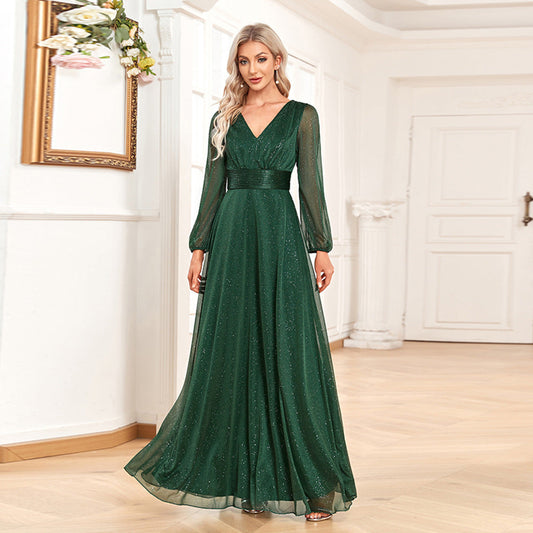 Green Chiffon V Neck Long Sleeves Party Dresses/bridesmaid Dresses-Dresses-Green-S-Free Shipping Leatheretro
