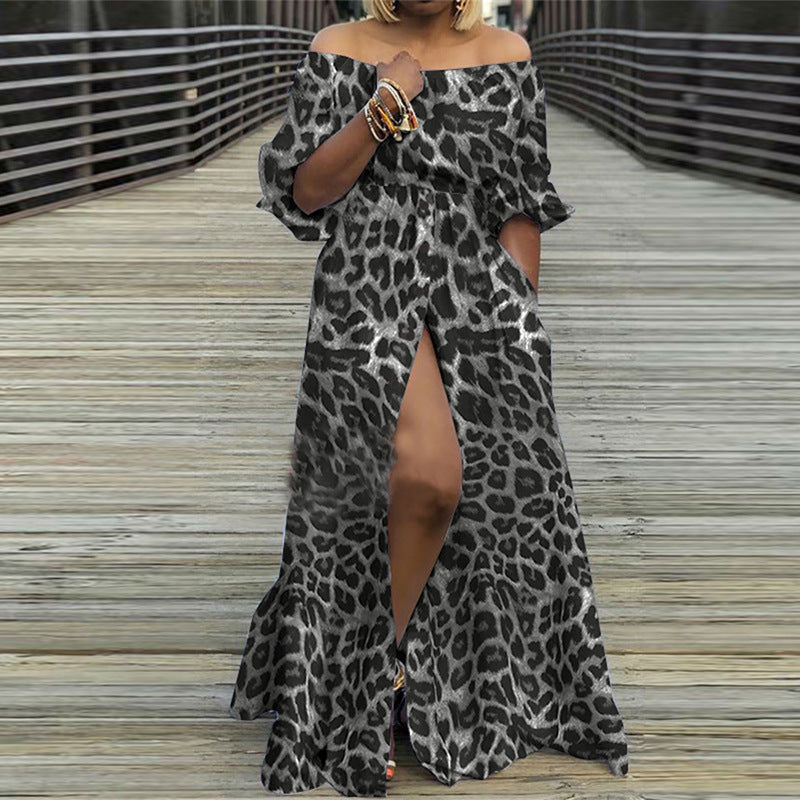 Sexy Off The Shoulder Long Maxi Dresses-Dresses-Gray Leopard-S-Free Shipping Leatheretro