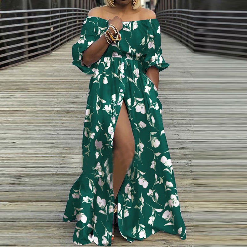 Sexy Off The Shoulder Long Maxi Dresses-Dresses-Green Flower-S-Free Shipping Leatheretro