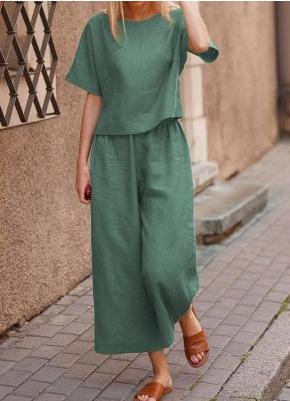Leisure Women Loose Linen Two Pieces Suits-Two Pieces Suits-Dark Green-S-Free Shipping Leatheretro