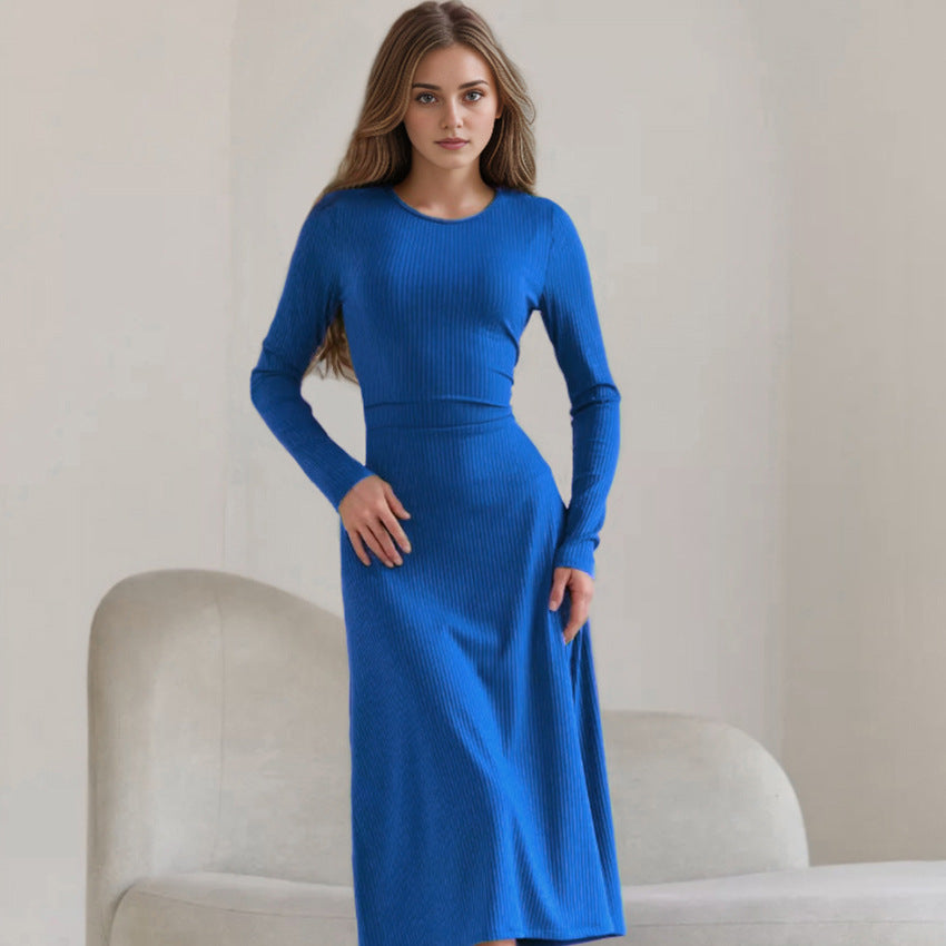 Fashion Round Neck Long Sleeves Dresses-Dresses-Blue-S-Free Shipping Leatheretro