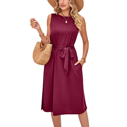 Summer Sleeveless Daily Midi Dresses-Dresses-Wine Red-S-Free Shipping Leatheretro