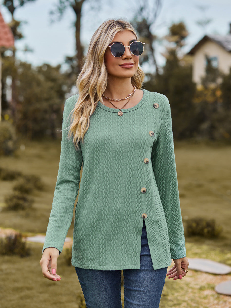 Fashion Round Neckline Button Long Sleeves Shirts-Shirts & Tops-Dark Green-S-Free Shipping Leatheretro