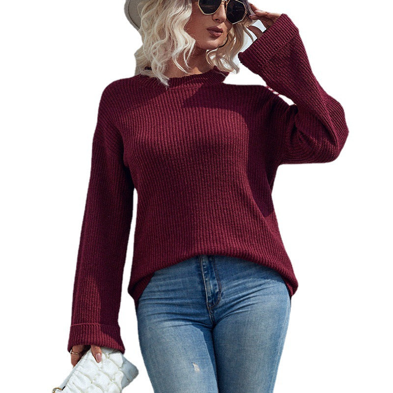 Fashion Round Neck Trumpet Sleeves Women Sweaters-Shirts & Tops-Gray-S-Free Shipping Leatheretro