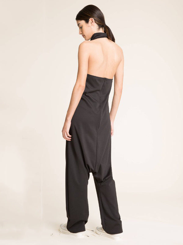 Sexy Sleeveless Halter Black Casual Jumpsuits-Suits-Black-S-Free Shipping Leatheretro
