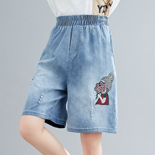 Summer Embroidery Five Cents Denim Trousers for Women-Pants-Blue-L-Free Shipping Leatheretro