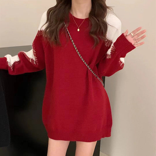 Casual Contrast Color Knitted Sweaters-Shirts & Tops-Wine Red-one size (45kg-65kg)-Free Shipping Leatheretro