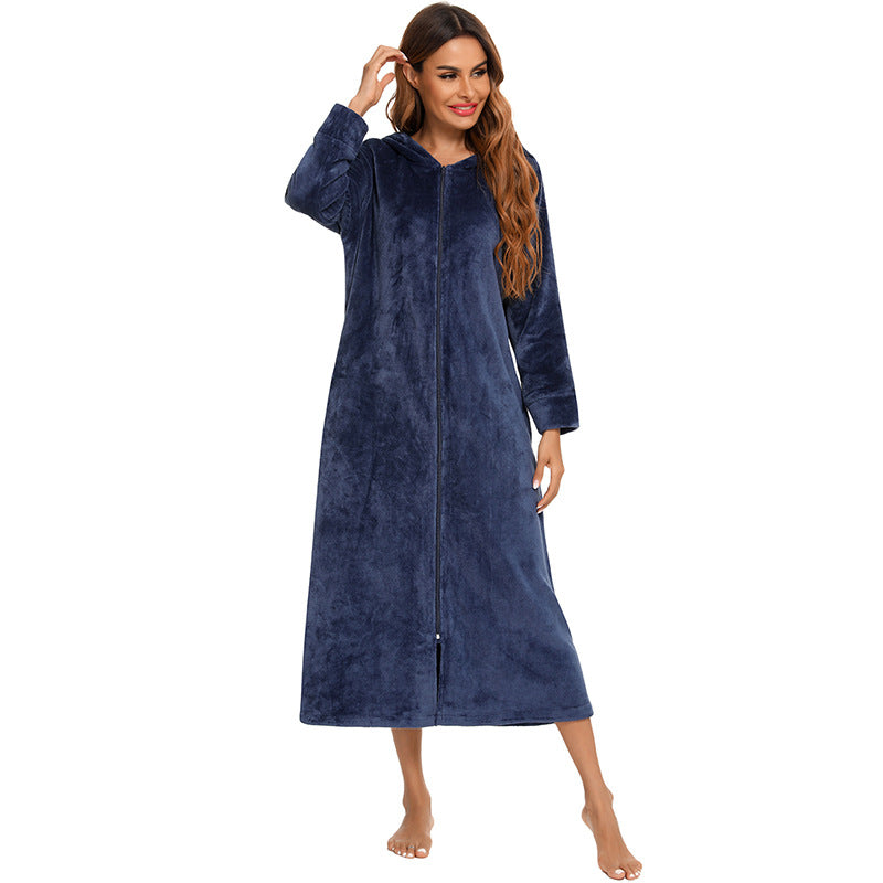 Winter Fleece Hoodies Sleepwear with Zipper-sleepwear-Navy Blue-S-Free Shipping Leatheretro
