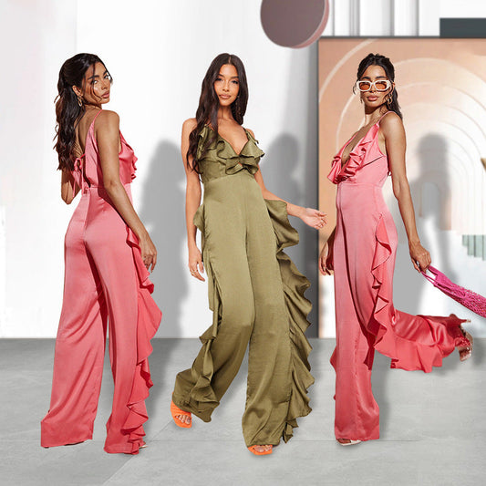 Sexy Satin Ruffled Summer Jumpsuits-Jumpsuits & Rompers-Red-S-Free Shipping Leatheretro