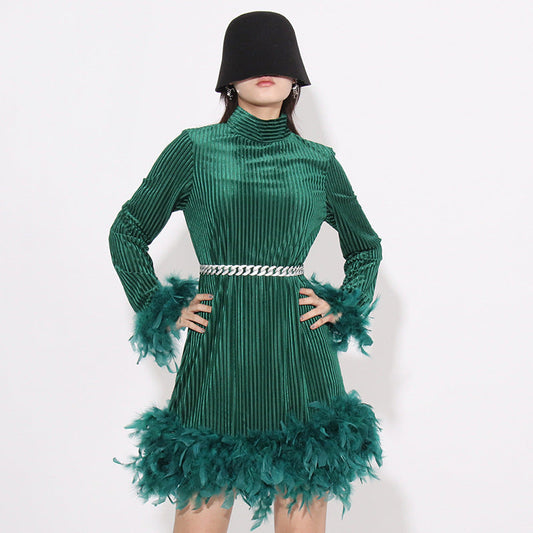 Vintage Feather Design Long Sleeves Short Dresses-Dresses-Green-M-Free Shipping Leatheretro