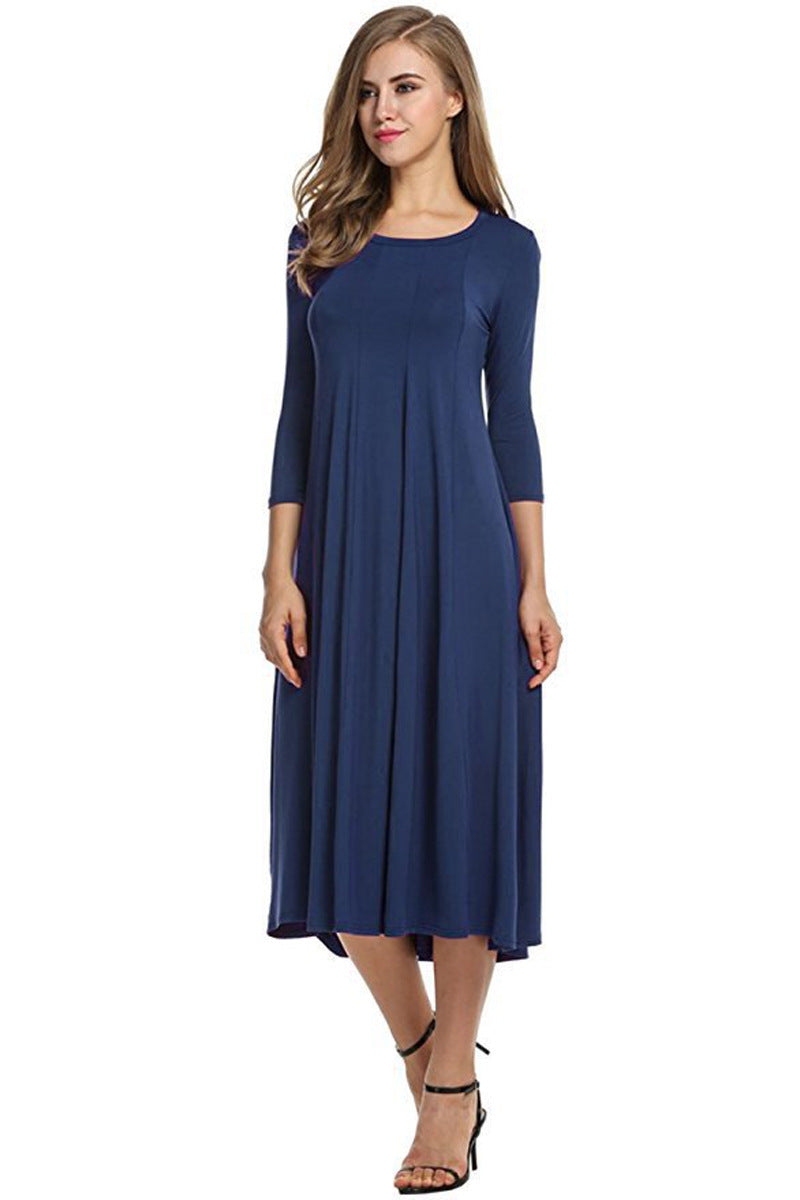 Casual Simple Design Round Neck Midi Dresses-Dresses-Navy Blue-S-Free Shipping Leatheretro