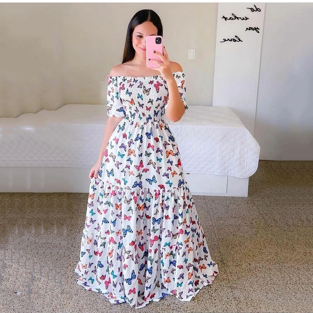 Sexy Off The Shoulder Flowers Long Dresses-Colorful Butterfly-S-Free Shipping Leatheretro