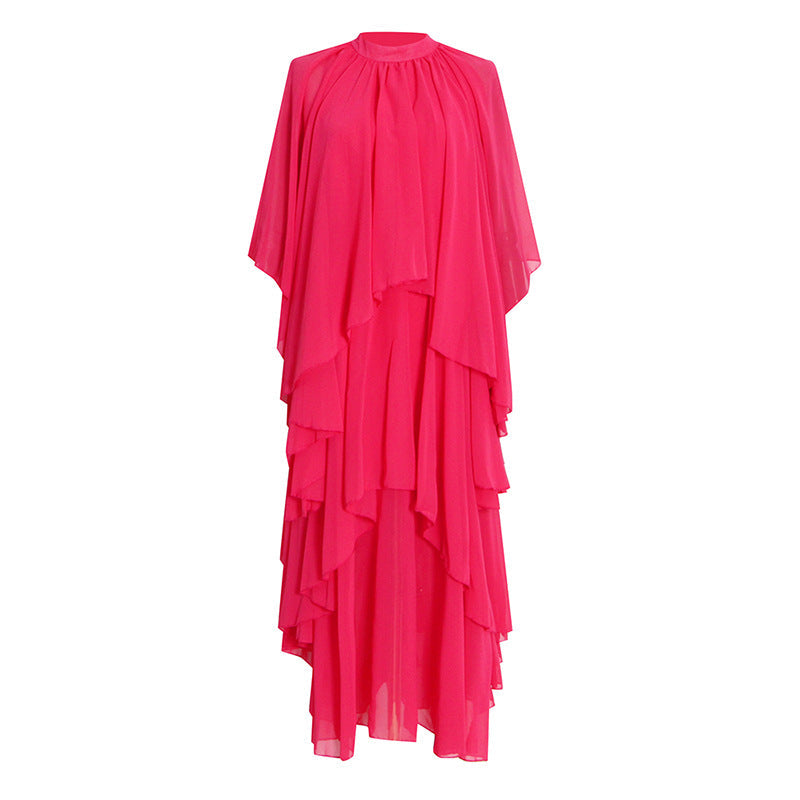 Chiffon High Neck Ruffle Women Long Holiday Dresses-Dresses-Rose Red-M-Free Shipping Leatheretro