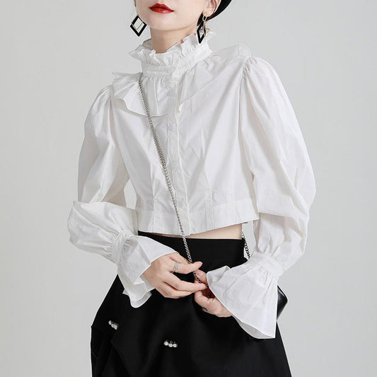 Women High Waist High Neck Pull Sleeves Shirts-Women Shirts-White-S-Free Shipping Leatheretro