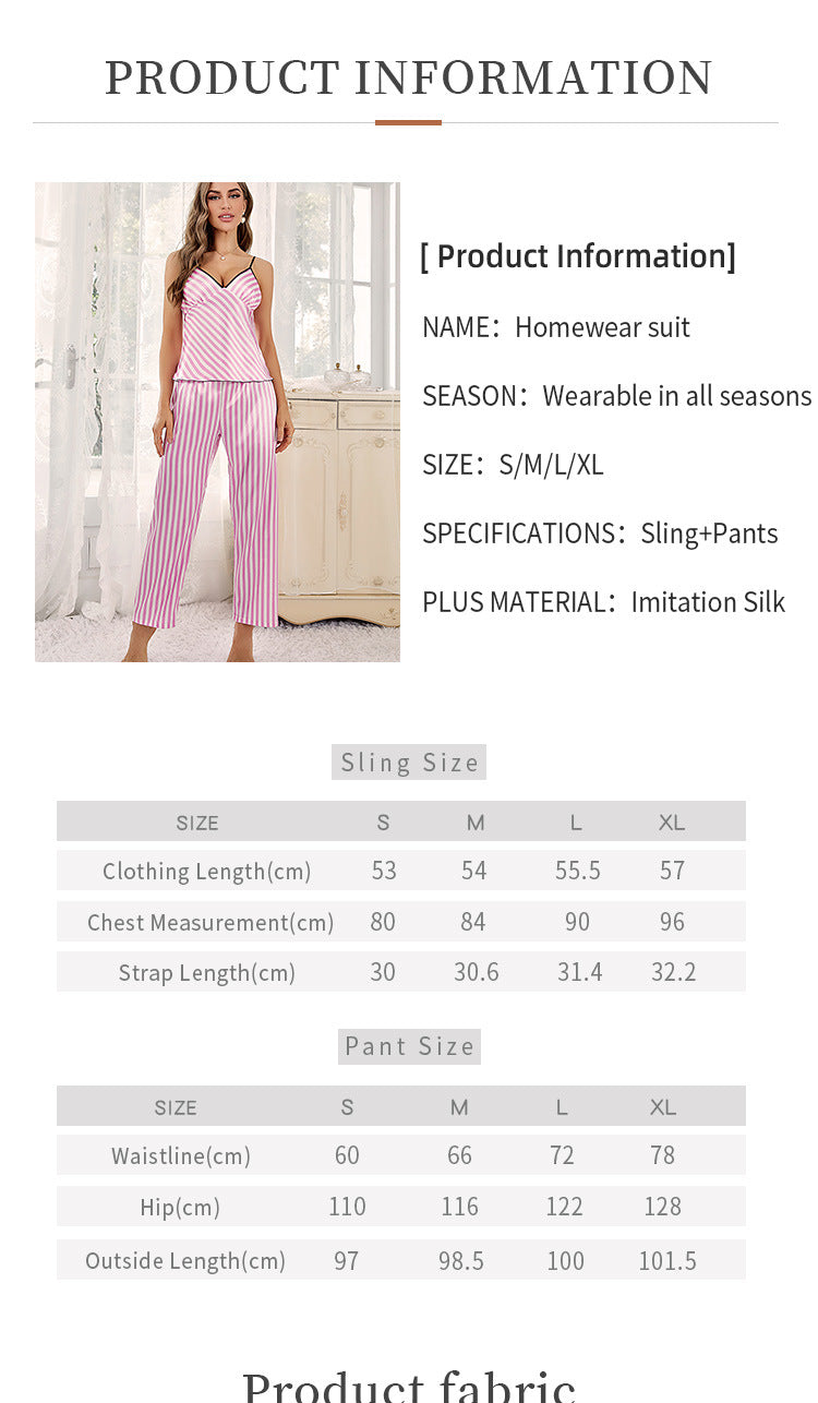 Summer Ice Silk Tank Tops & Pants Sleepwear-Sleepwear & Loungewear-Pink Striped-S-Free Shipping Leatheretro