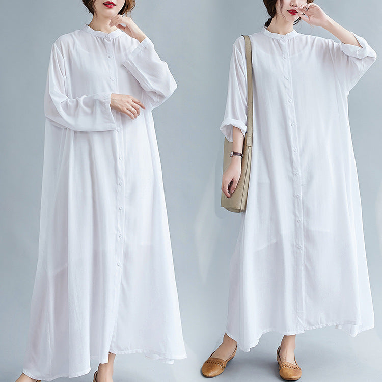 Women Stand Collar Plus Sizes T Shirts Dresses-Dresses-White-One Size-Free Shipping Leatheretro