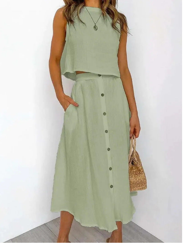 Casual Summer Women Tank Top and Skirts Suits-Dresses-Green-S-Free Shipping Leatheretro