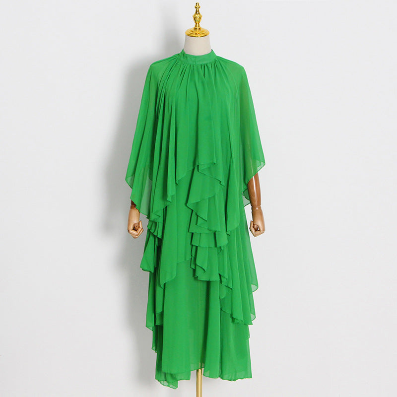 Chiffon High Neck Ruffle Women Long Holiday Dresses-Dresses-Green-M-Free Shipping Leatheretro