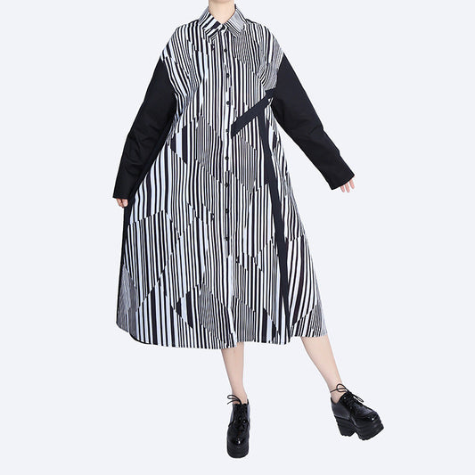 Classy Striped Long Sleeves Shirts Dresses-Dresses-Black-One Size-Free Shipping Leatheretro