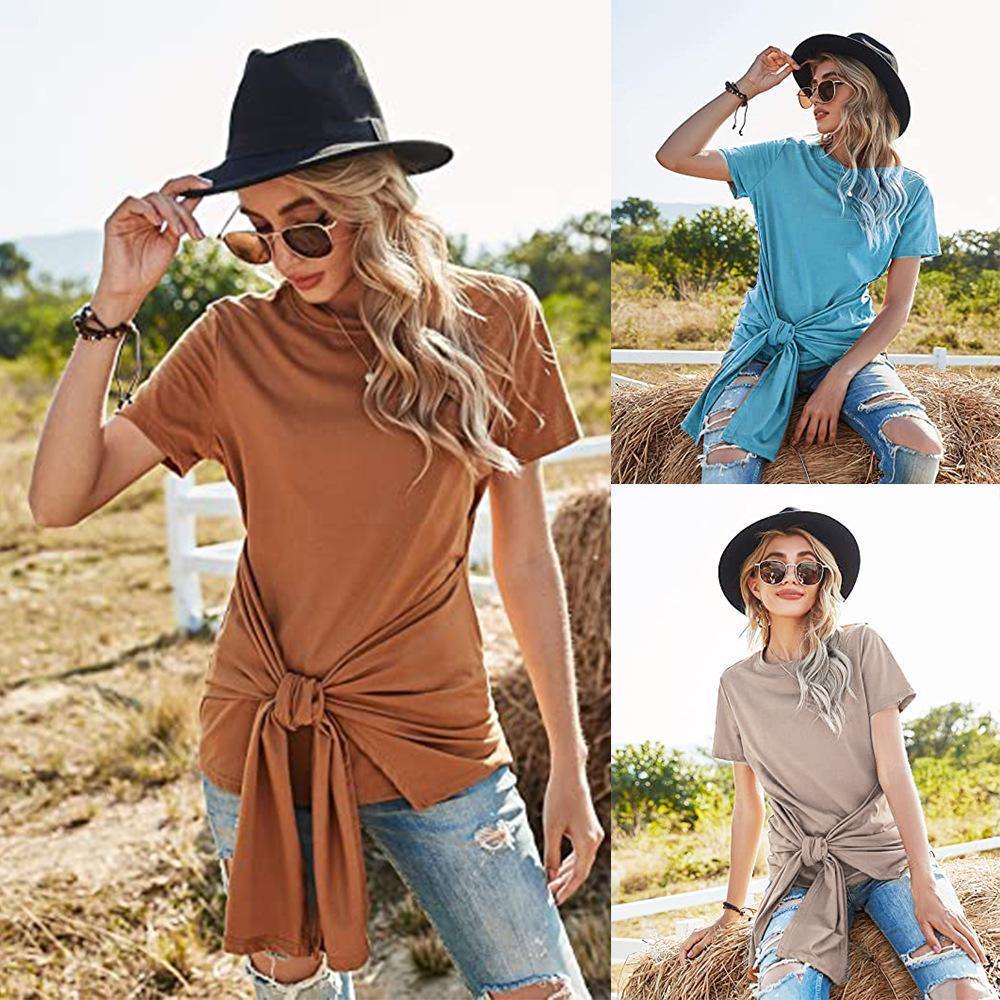 Women Summer Round Neck Bowknot T-Shirts-Shirts-Khaki-S-Free Shipping Leatheretro