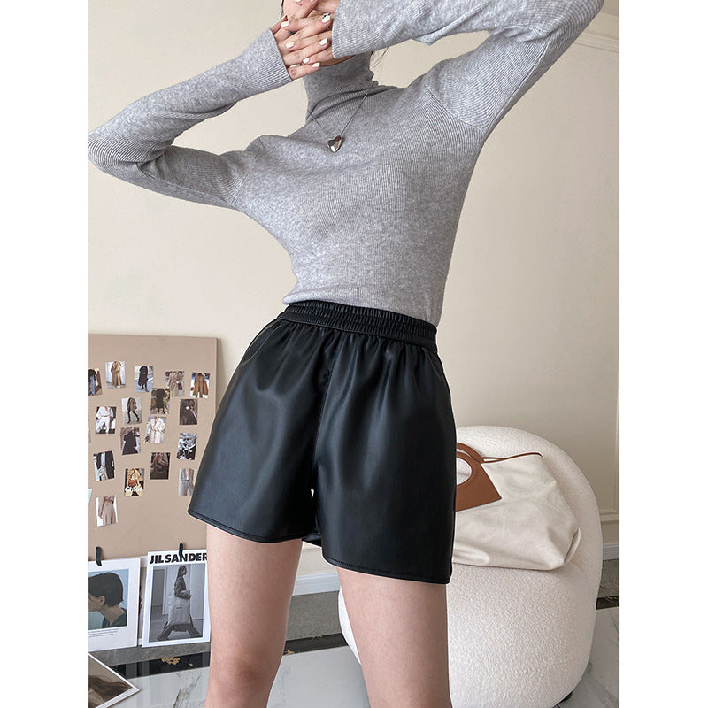 Black Pu Leather High Waist Shorts for Women-Women Pants-Black-S-Free Shipping Leatheretro