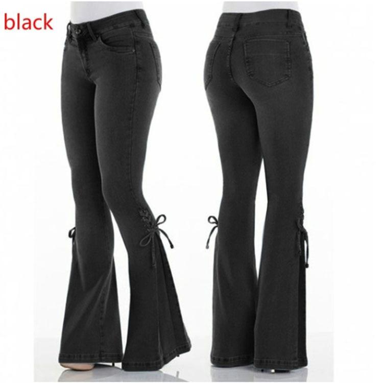 Casual Women Natural Waist Elastic Trumpet Denim Jeans-Pants-Black-S-Free Shipping Leatheretro