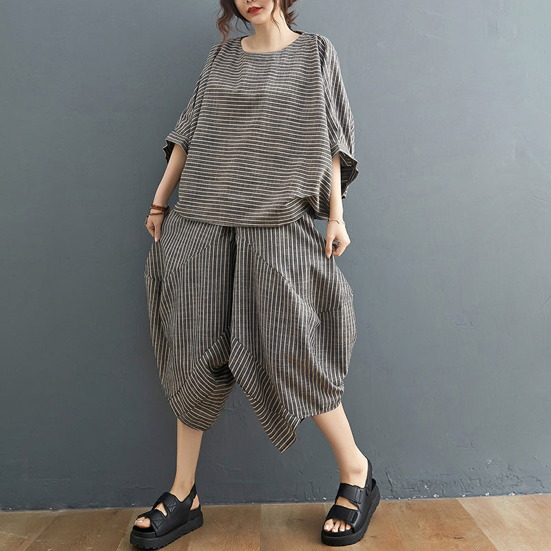 Linen Striped Plus Sizes 2pcs Women Summer Outfits-Suits-The same as picture-XL-Free Shipping Leatheretro