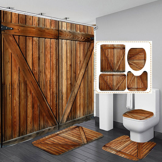 Vintage Wooden Door Design Shower Curtain Bathroom SetsNon-Slip Toilet Lid Cover-Shower Curtain-180×180cm Shower Curtain Only-1-Free Shipping Leatheretro