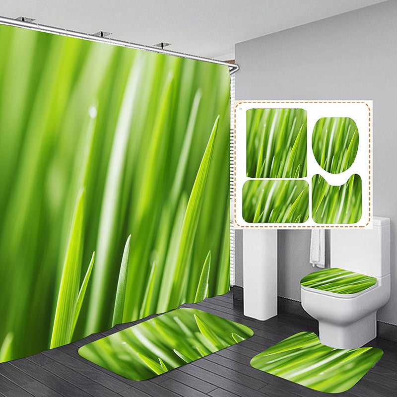Spring Green Bud Shower Curtain Set Bathroom Rug Bath Mat Non-Slip Toilet Lid Cover-Shower Curtains-B-Shower Curtain+3Pcs Mat-Free Shipping Leatheretro
