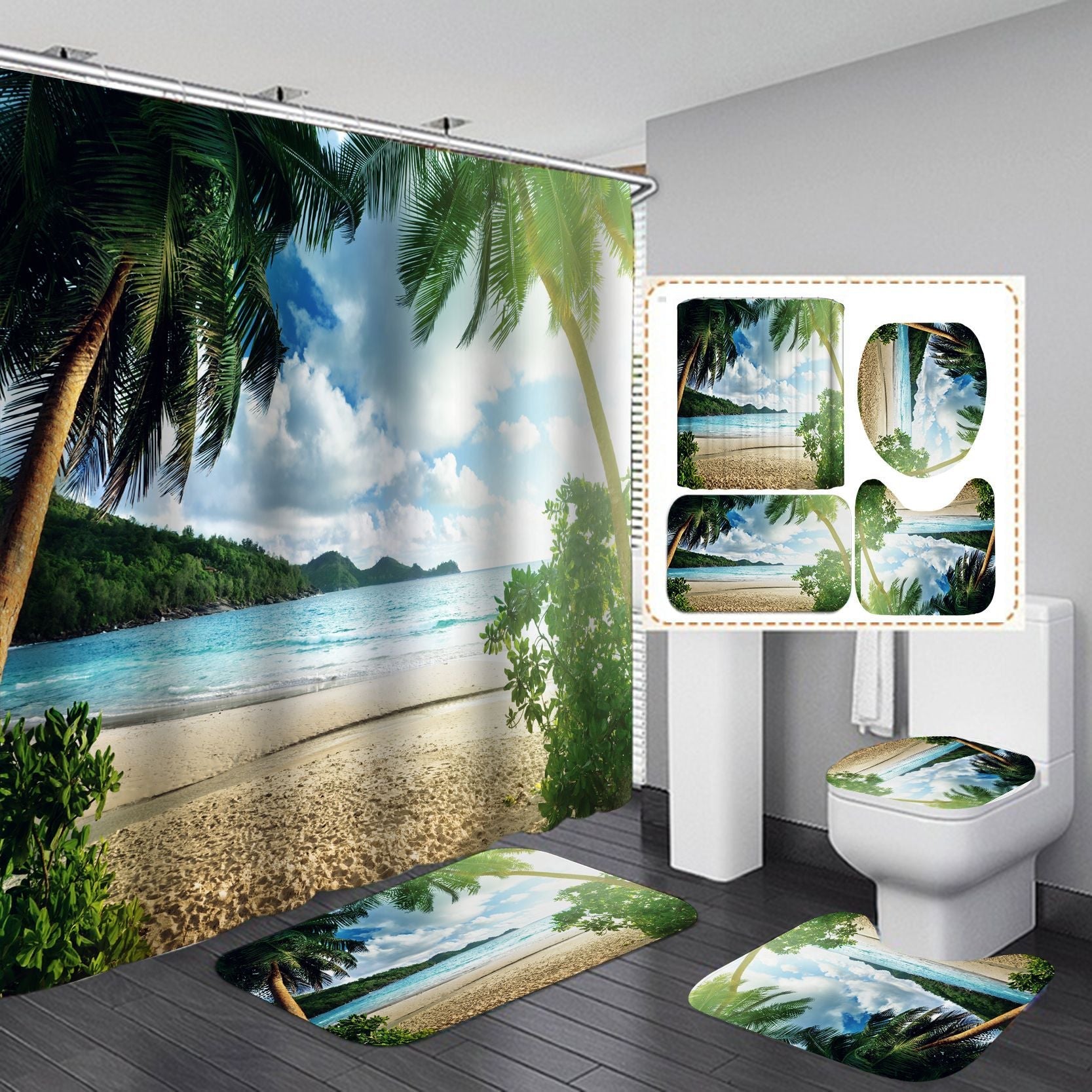 Seaside& 3D Palm Tree Shower Curtain Set Bathroom Rug Bath Mat Non-Slip Toilet Lid Cover-Shower Curtains-B-Shower Curtain+3Pcs Mat-Free Shipping Leatheretro