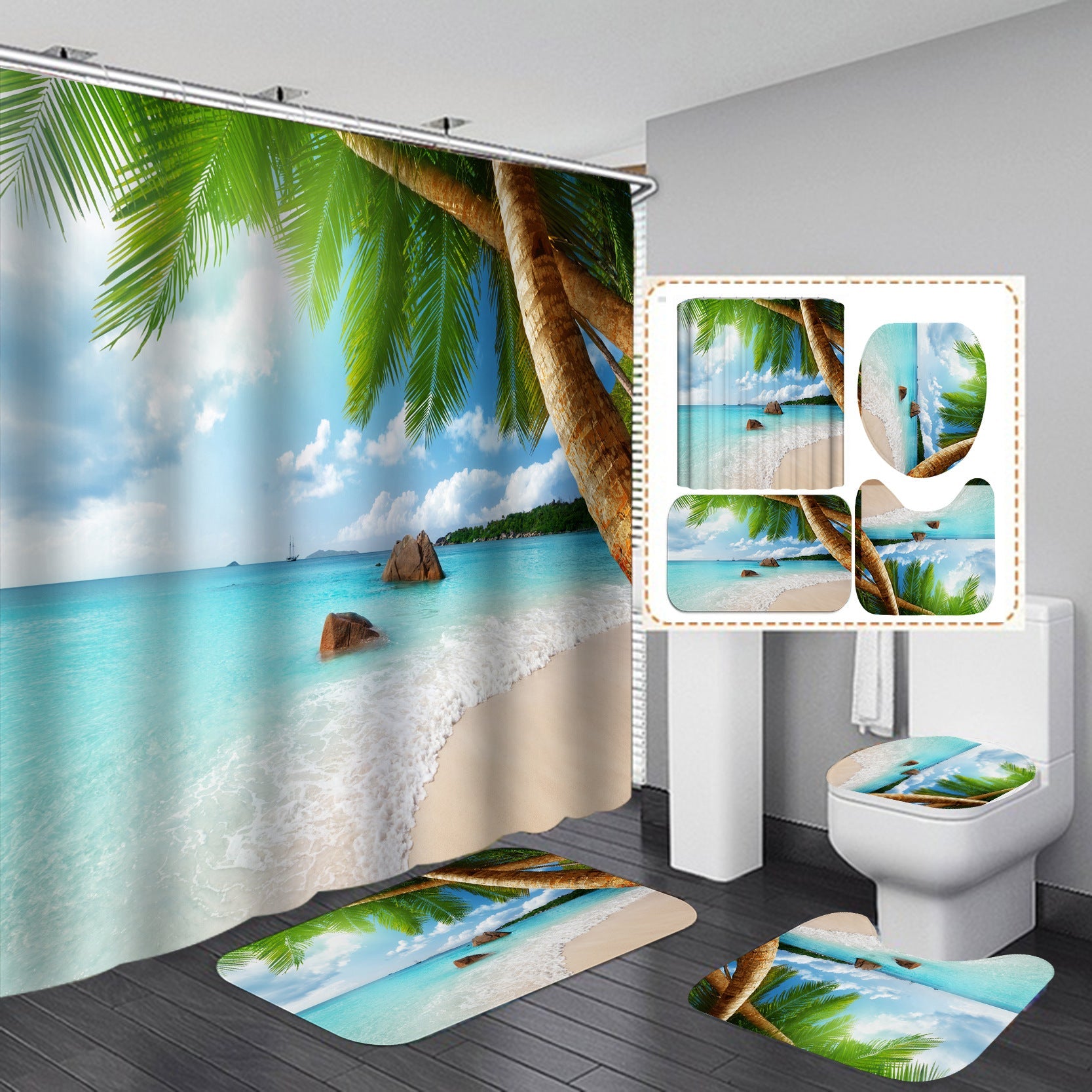 Seaside& 3D Palm Tree Shower Curtain Set Bathroom Rug Bath Mat Non-Slip Toilet Lid Cover-Shower Curtains-C-Shower Curtain+3Pcs Mat-Free Shipping Leatheretro