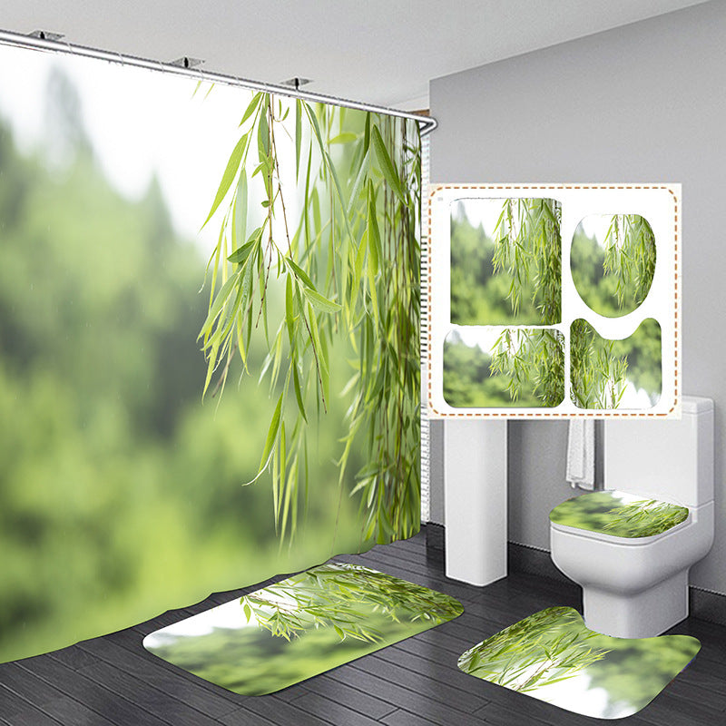 Spring Green Bud Shower Curtain Set Bathroom Rug Bath Mat Non-Slip Toilet Lid Cover-Shower Curtains-D-Shower Curtain+3Pcs Mat-Free Shipping Leatheretro