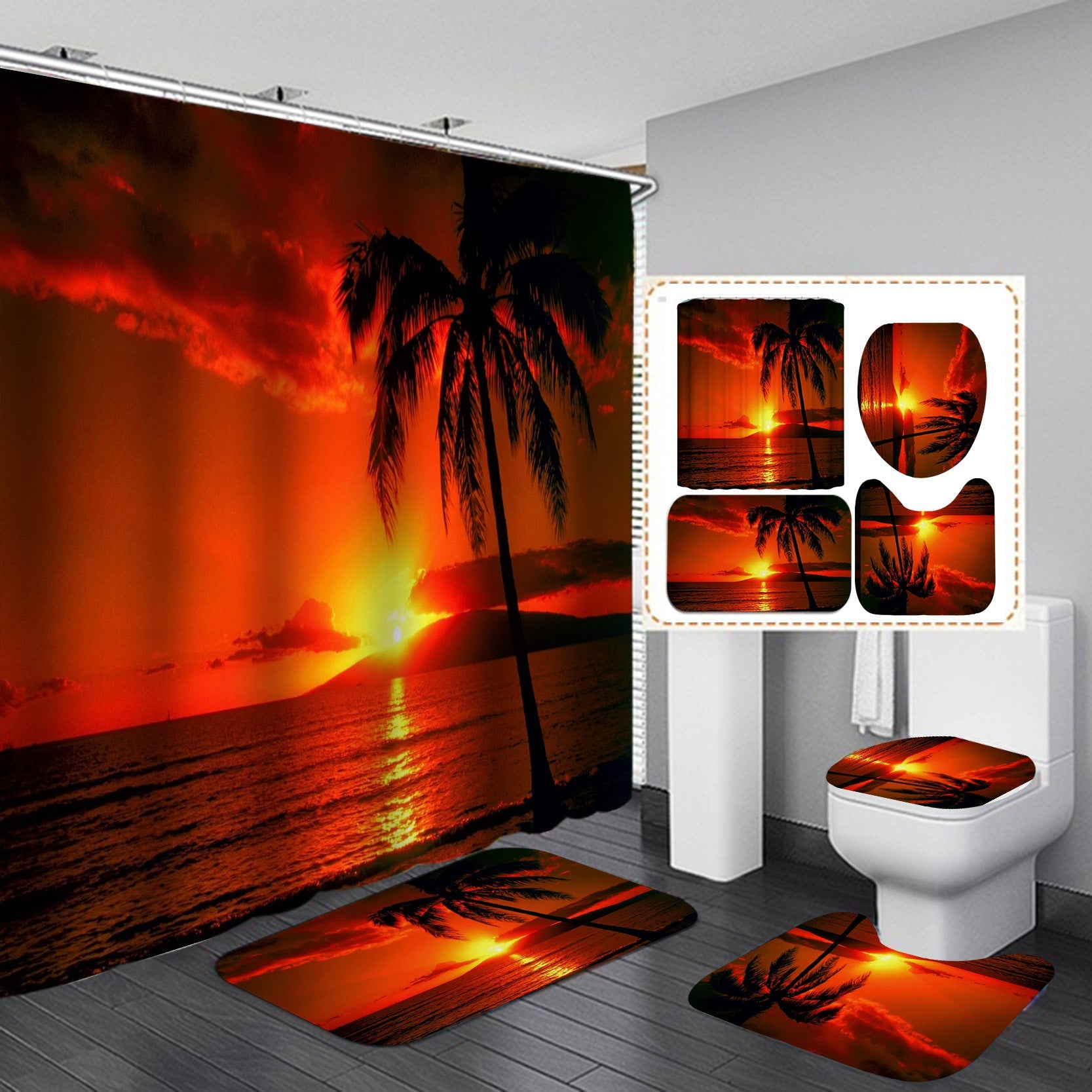 Seaside& 3D Palm Tree Shower Curtain Set Bathroom Rug Bath Mat Non-Slip Toilet Lid Cover-Shower Curtains-D-Shower Curtain+3Pcs Mat-Free Shipping Leatheretro