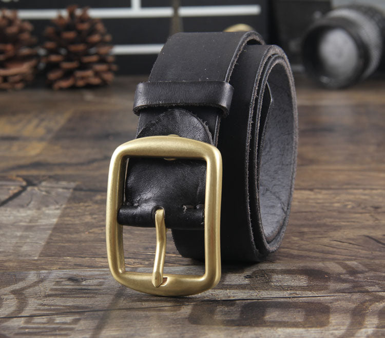 Vintage Handmade Brass Buckle Leather Belt-Black-105-125cm-Free Shipping Leatheretro